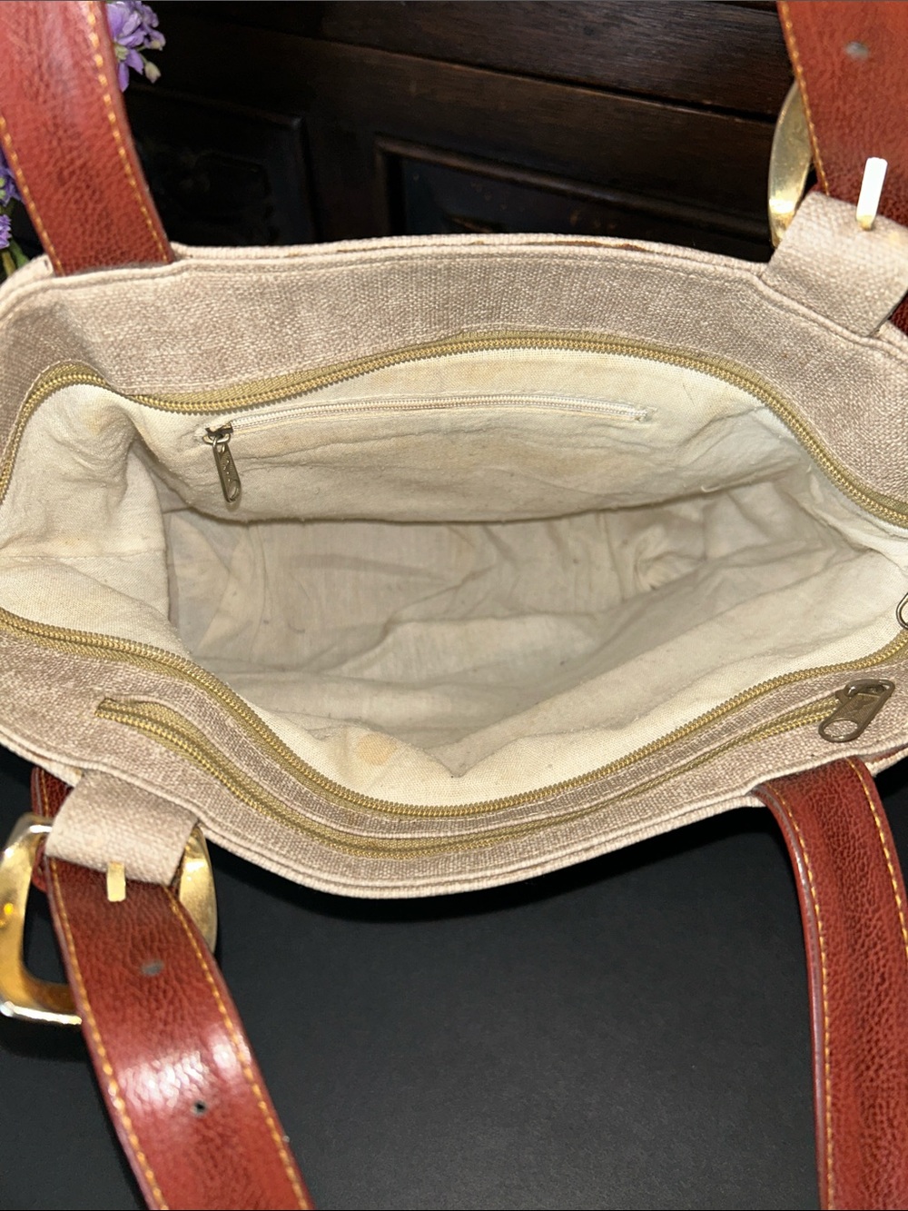 Beautiful Beige Canvas Tote with Brown Leather Straps - Picture 13 of 13